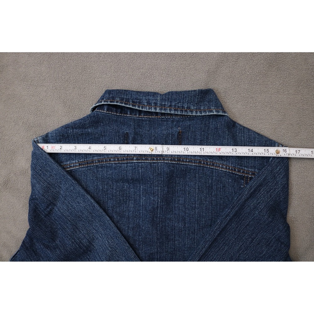 AC3998 Faded Denim Trucker Jacket Women Large Blue Stretch Buttons Casual 90s - Picture 7 of 15